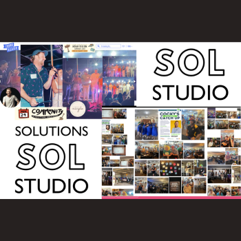 Solutions Sol Studio promotional collage featuring community event photography, a performer on stage, and a grid of event highlights
